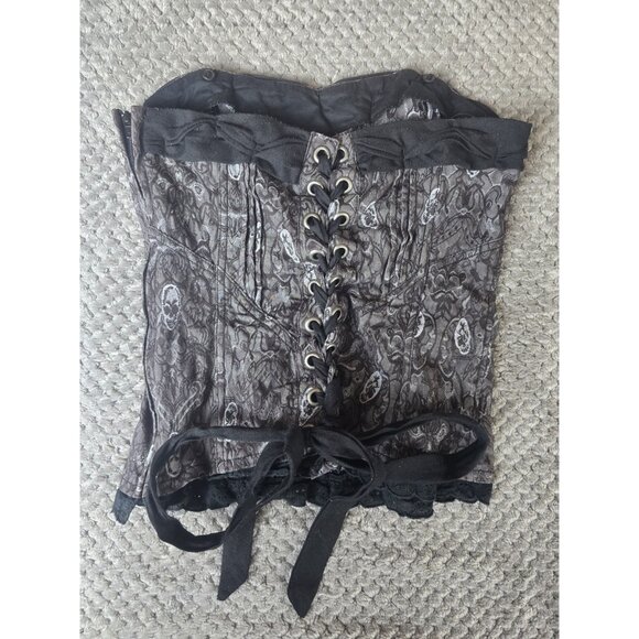 Tripp NYC Corset Top Small Black Gray Sugar Skull Lace-Up Goth Emo Y2K - Picture 3 of 11